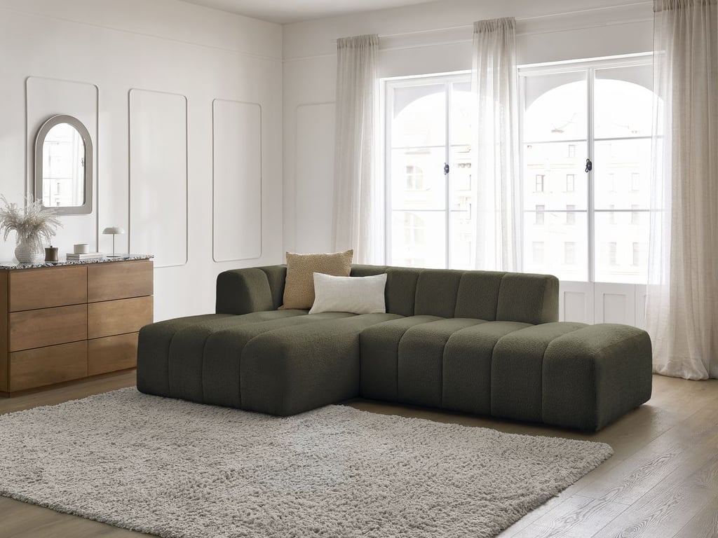 Produit similaire: Canapé d'angle fixe modulable ANNECY tissu bouclette vert angle gauche BOBOCHIC 3 places