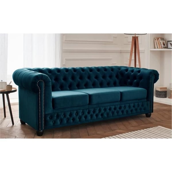 William - Canapé convertible 3 places velours bleu canard