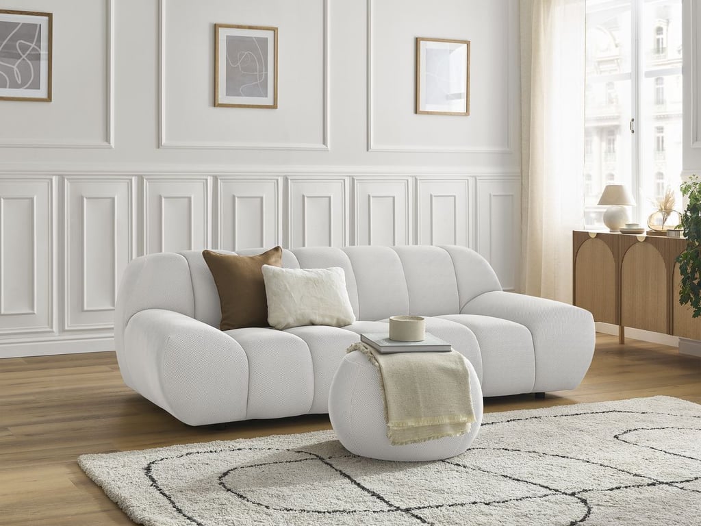 Produit similaire: Canapé droit fixe 2 places HAYDEN tissu mesh avec pouf petit blanc BOBOCHIC