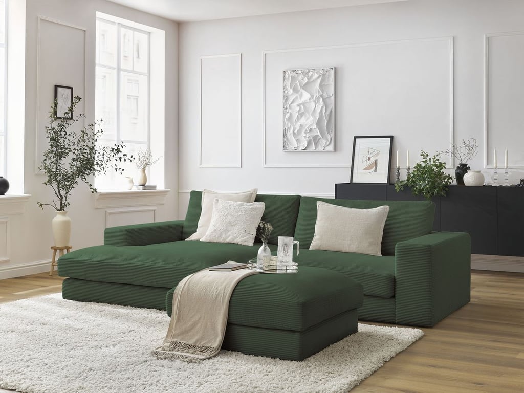 Produit similaire: Canapé d'angle fixe LEONARD velours côtelé avec pouf vert foncé angle gauche BOBOCHIC 5 places