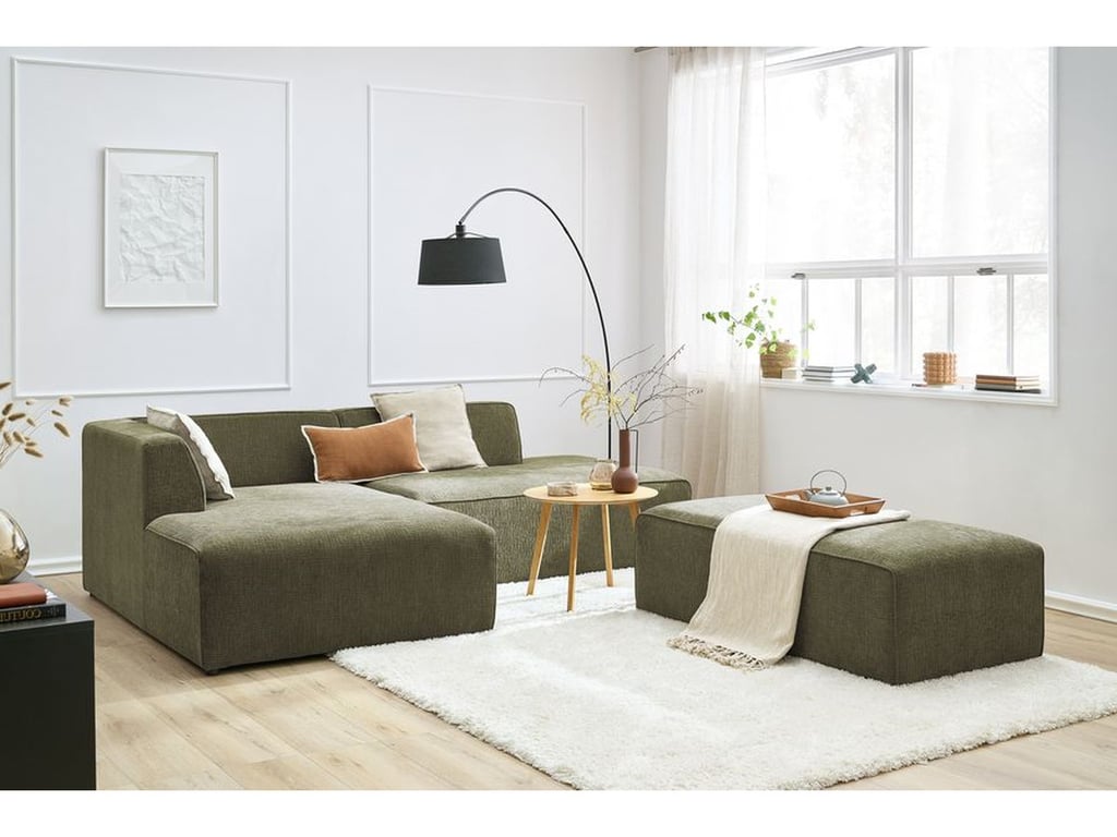 Produit similaire: Canapé d'angle fixe modulable MEGEVE tissu texturé avec pouf vert angle gauche BOBOCHIC 5 places