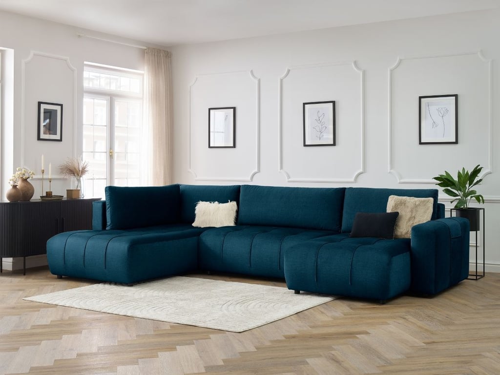 Produit similaire: Canapé panoramique convertible coffre ARSENE tissu velours bleu angle droit BOBOCHIC 5 places