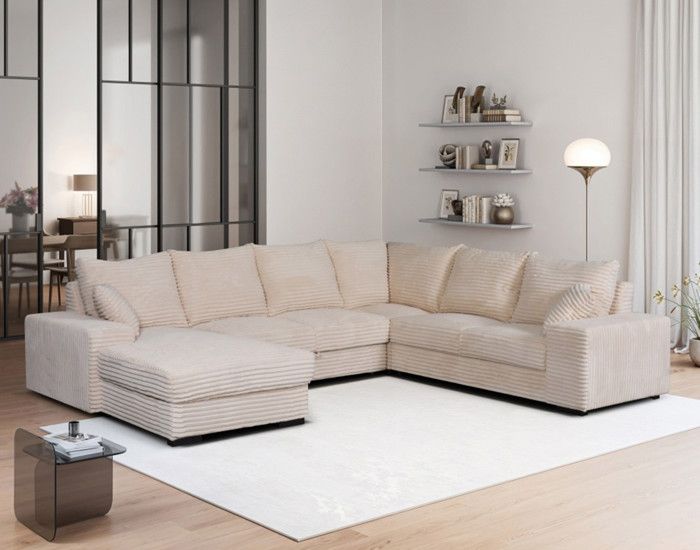 Produit similaire: Lorie - Canapé panoramique d'angle droit 7 places convertible en velours côtelé grosse côte avec coffre - Beige