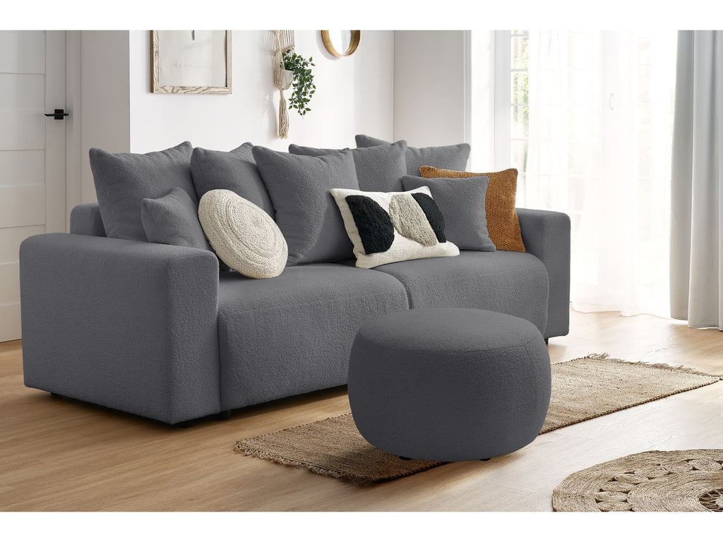 Produit similaire: Canapé droit convertible coffre ENVY tissu bouclette doux avec pouf rond gris foncé BOBOCHIC 3 places