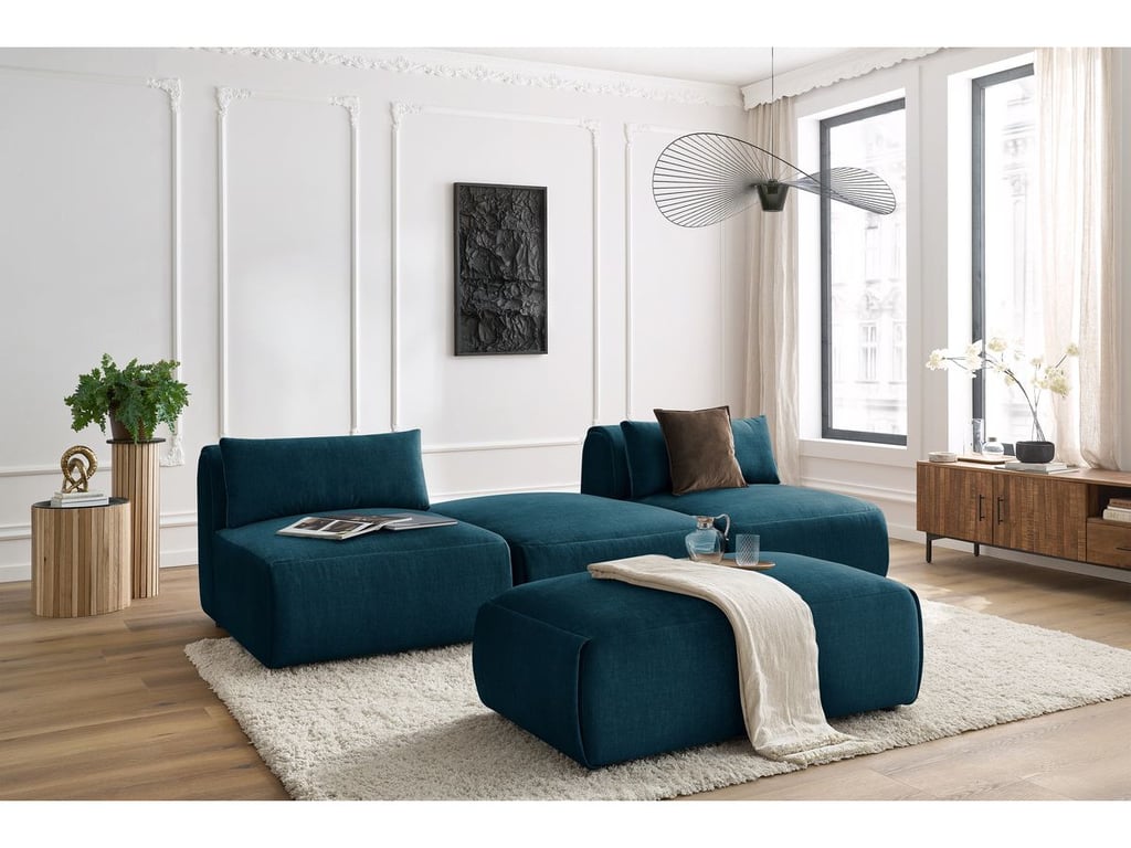 Produit similaire: Canapé droit fixe 3 places JEANNE avec pouf tissu velours bleu foncé BOBOCHIC 4 places