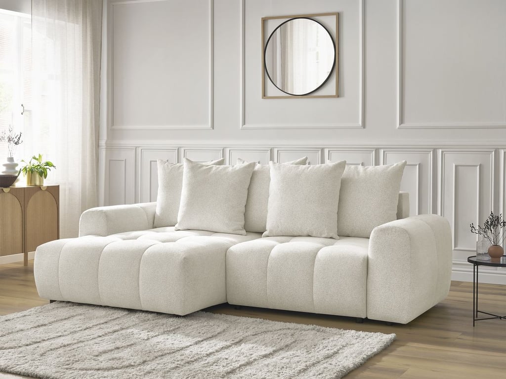 Produit similaire: Canapé d'angle convertible coffre ROXELANE tissu chiné blanc angle gauche BOBOCHIC 3 places