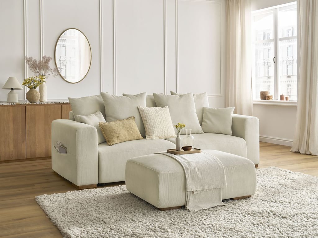 Produit similaire: Canapé droit convertible coffre SIDONIE velours côtelé avec pouf beige BOBOCHIC 4 places