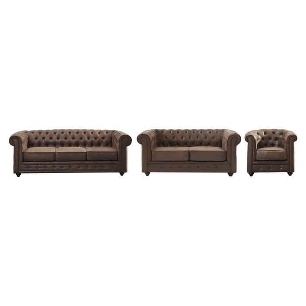 Canapé 3+2+1 places CHESTERFIELD en microfibre aspect cuir vieilli