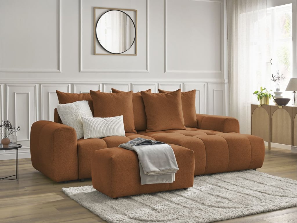 Produit similaire: Canapé d'angle convertible coffre ROXELANE tissu chiné avec pouf orange angle droit BOBOCHIC 3 places