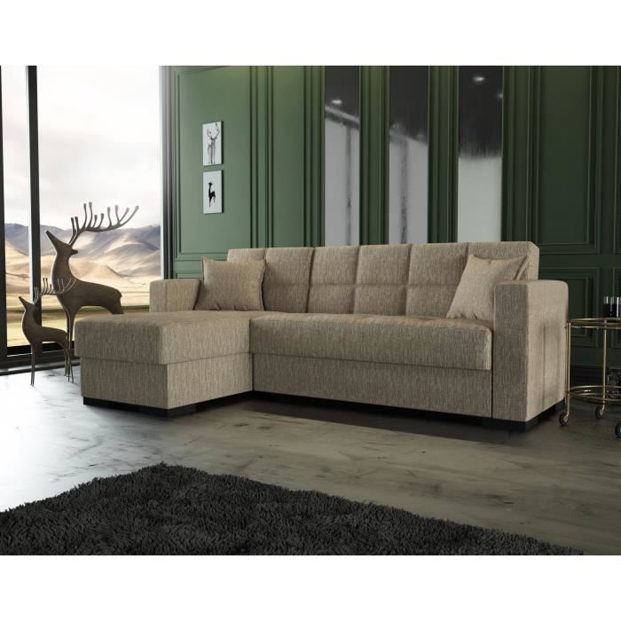 Dmora - Canapé Fernando, Canapé d'angle avec péninsule réversible, Canapé avec chaiselongue et 2 coussins, 230x150h81 cm, Beige