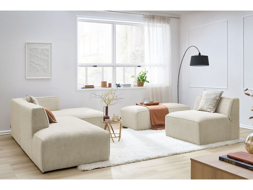 Produit similaire: Canapé d'angle fixe modulable MEGEVE tissu velours côtelé avec 1 chauffeuse et 1 pouf beige angle droit BOBOCHIC 6 places