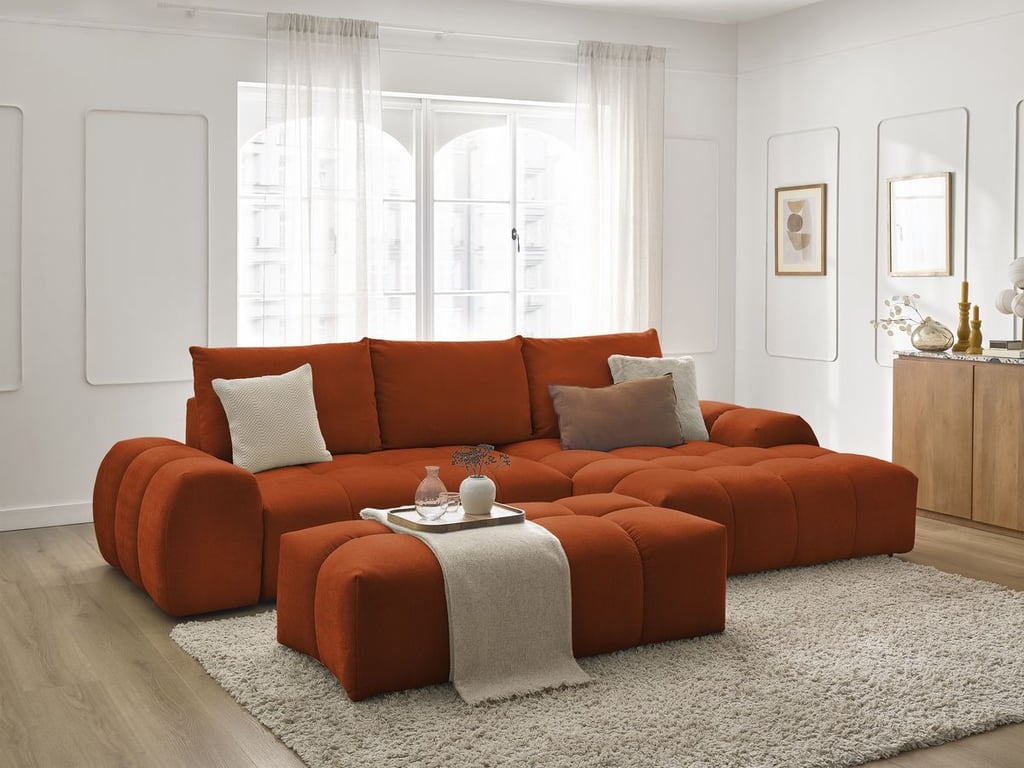 Produit similaire: Canapé d'angle convertible coffre EVEREST tissu texturé avec pouf orange angle droit BOBOCHIC 4 places