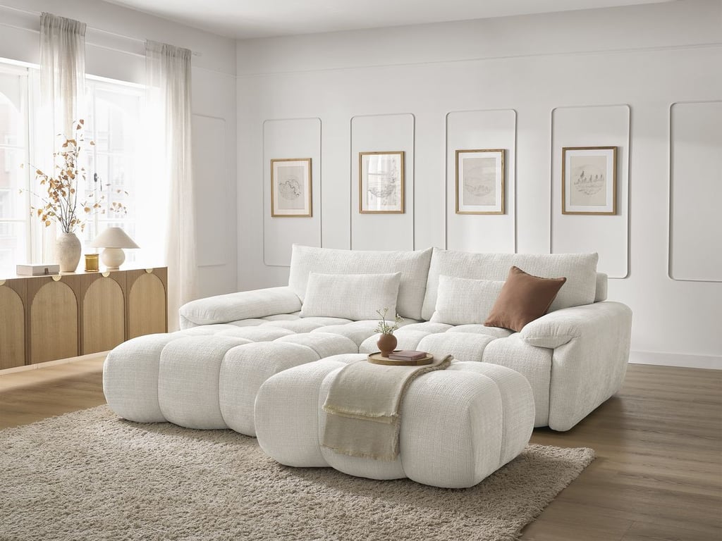 Produit similaire: Canapé d'angle fixe IVANE tissu texturé avec pouf blanc angle gauche BOBOCHIC 4 places