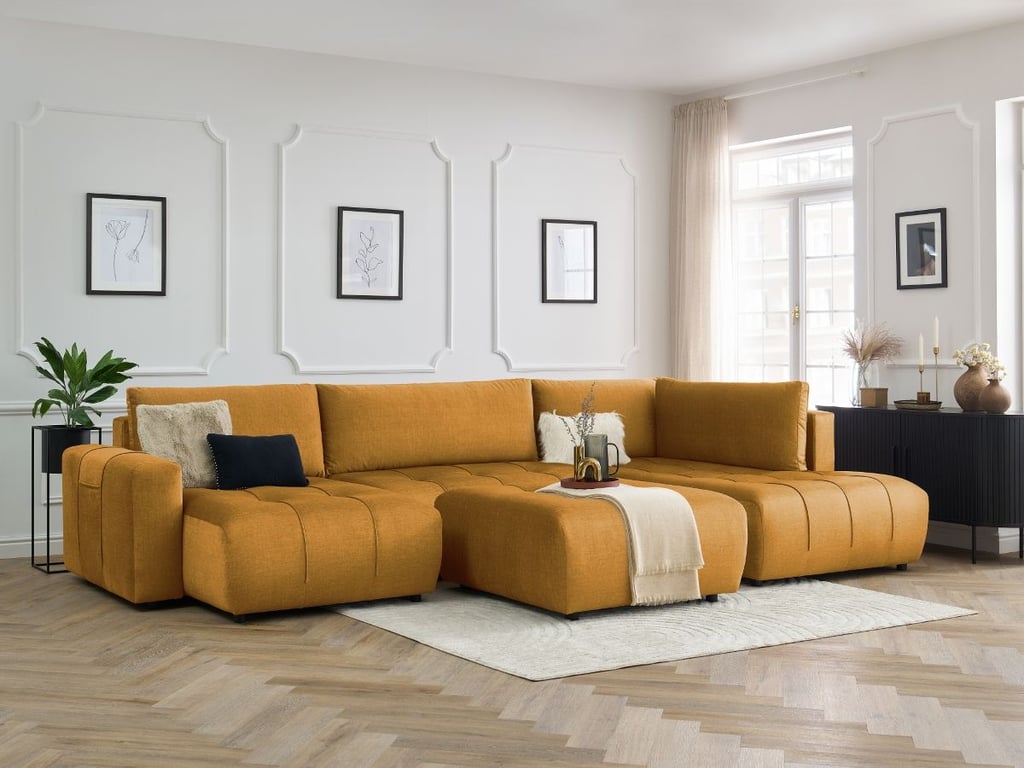 Produit similaire: Canapé panoramique convertible coffre ARSENE tissu velours avec pouf jaune angle gauche BOBOCHIC 6 places
