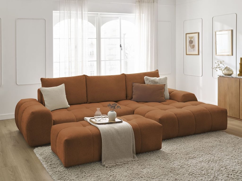 Produit similaire: Canapé d'angle convertible coffre EVEREST tissu chiné avec pouf orange angle droit BOBOCHIC 4 places