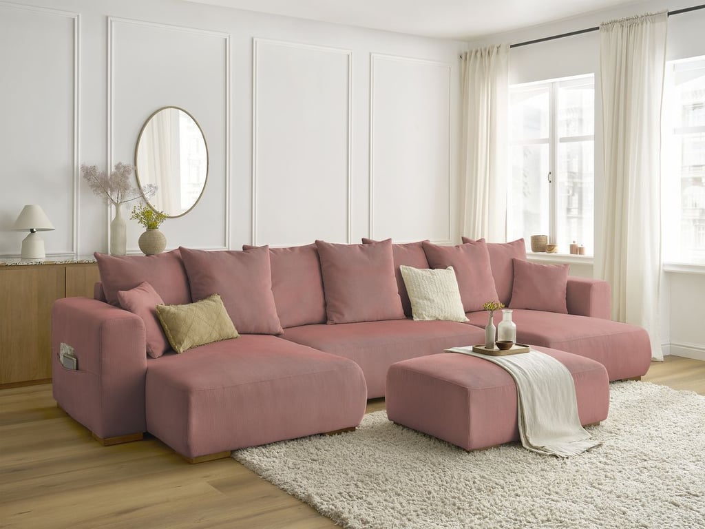Produit similaire: Canapé panoramique convertible réversible coffre SIDONIE velours côtelé avec pouf rose BOBOCHIC 5 places