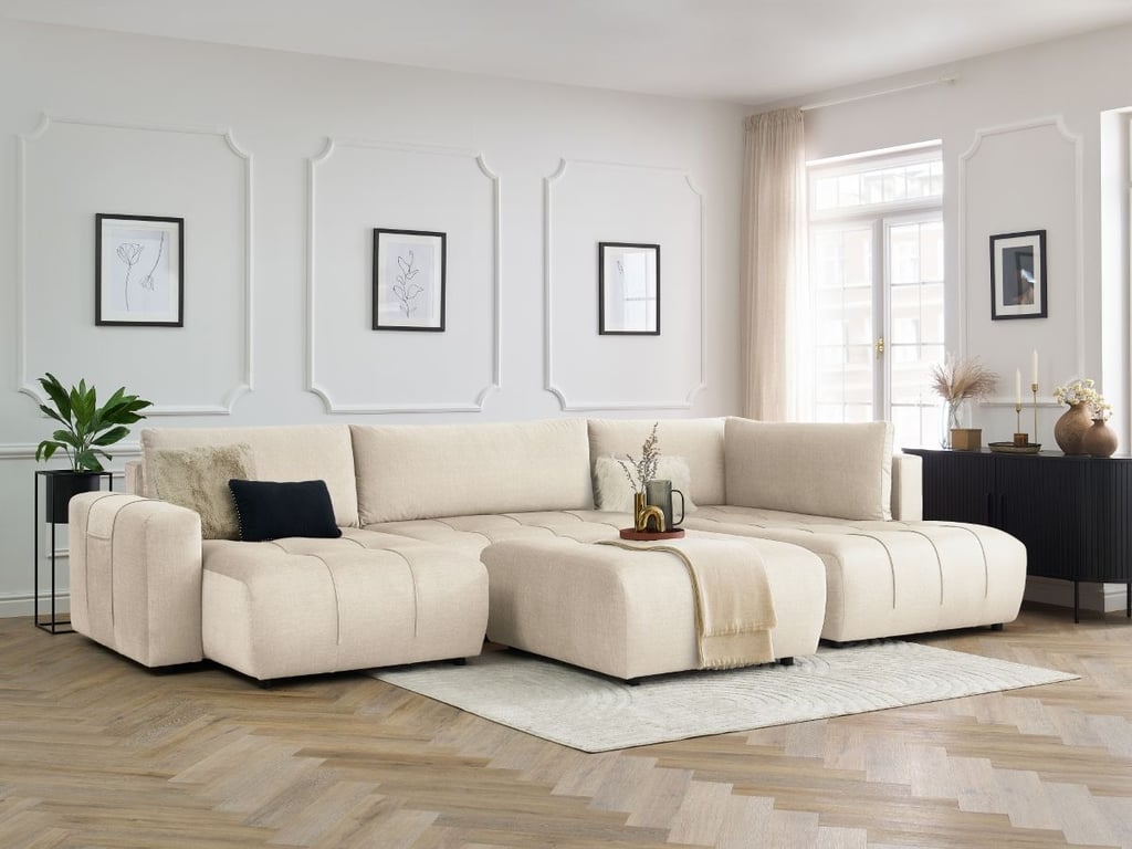 Produit similaire: Canapé panoramique convertible coffre ARSENE tissu velours avec pouf beige angle gauche BOBOCHIC 6 places