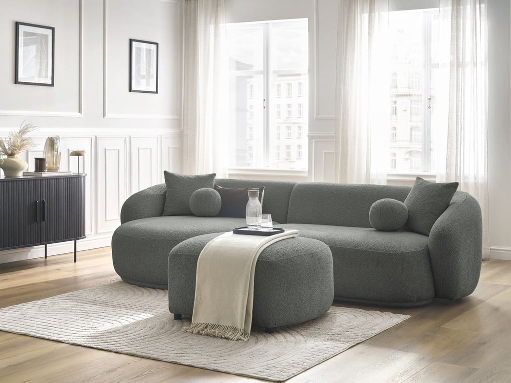 Produit similaire: Canapé d'angle fixe ASHLEY avec pouf gris foncé angle gauche BOBOCHIC 4 places