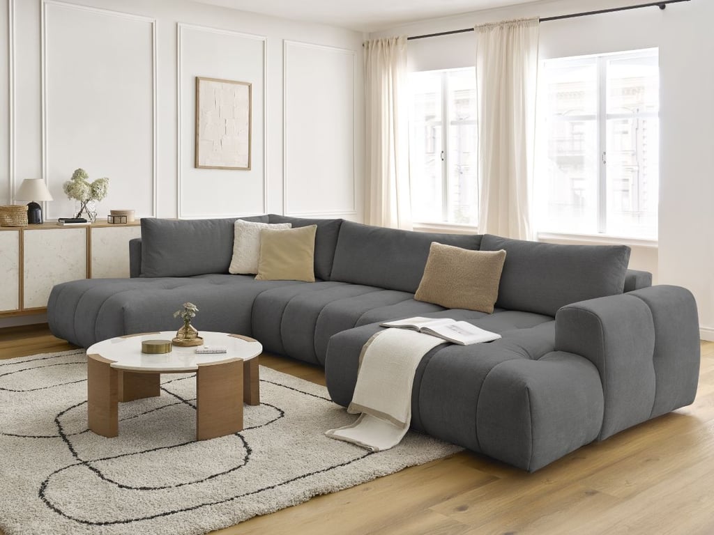 Produit similaire: Canapé d'angle panoramique convertible FUJI tissu lisse gris foncé angle droit BOBOCHIC 5 places