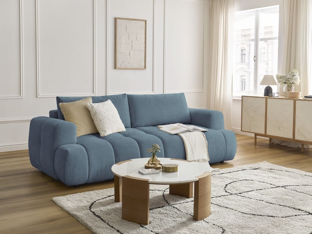 Produit similaire: Fuji canapé droit convertible 3 places tissu lisse bleu clair