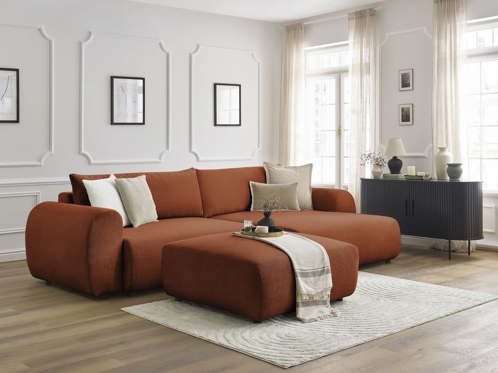 Produit similaire: Canapé d'angle convertible coffre LUCIEN tissu lisse avec pouf orange angle droit BOBOCHIC 5 places