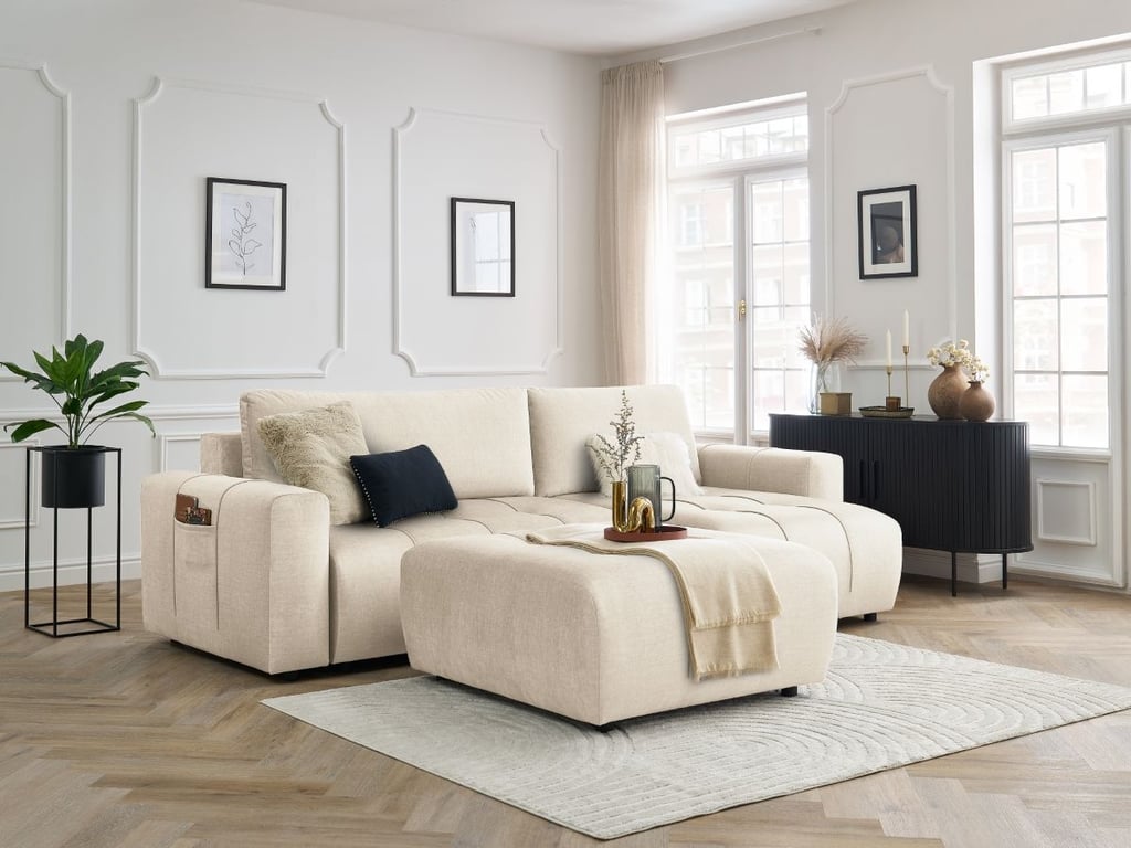 Produit similaire: Canapé d'angle réversible convertible coffre ARSENE tissu velours avec pouf beige BOBOCHIC 4 places