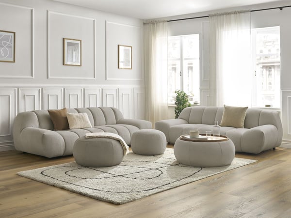 Hayden ensemble canapé droit fixe 3 + 2 places tissu bouclette grand avec plateau 1 grand et taupe