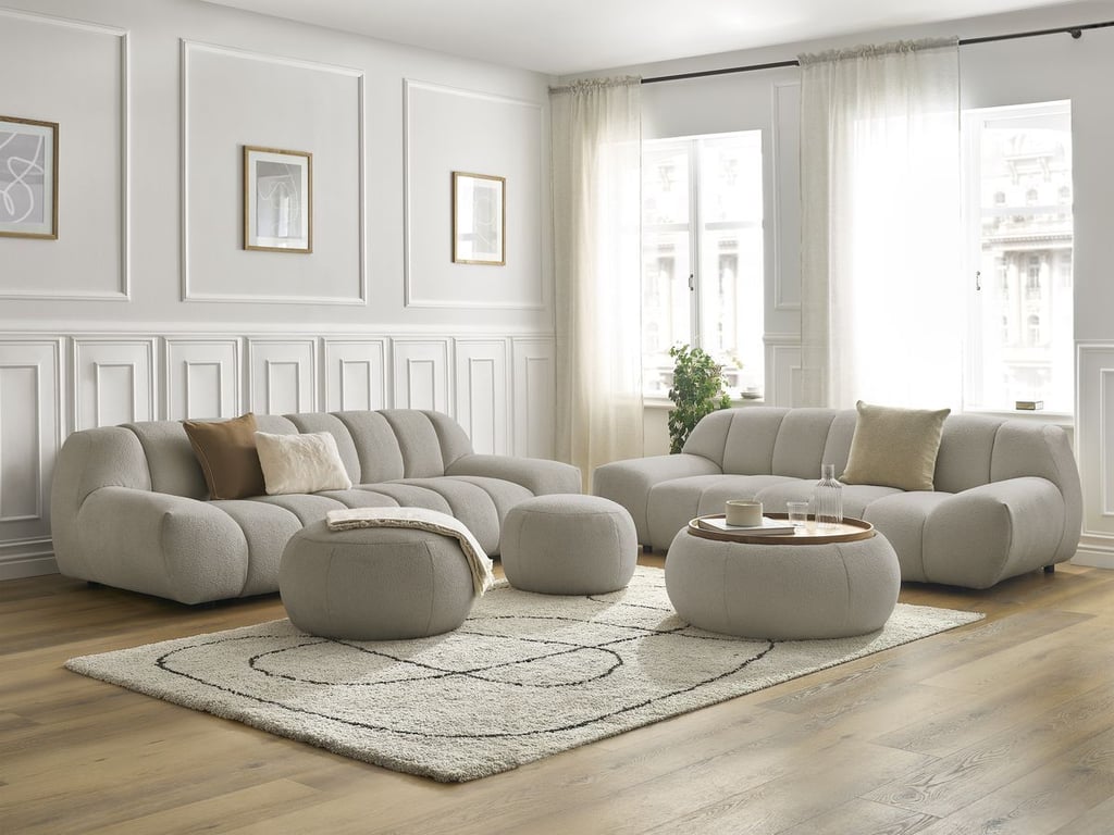 Ensemble canapé droit fixe 3 + 2 places HAYDEN tissu bouclette avec 1 pouf grand avec plateau, 1 pouf grand et taupe   BOBOCHIC