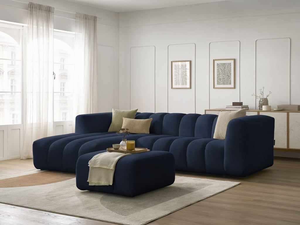 Produit similaire: Canapé d'angle fixe TALIA tissu chiné avec pouf bleu foncé angle gauche BOBOCHIC 4 places
