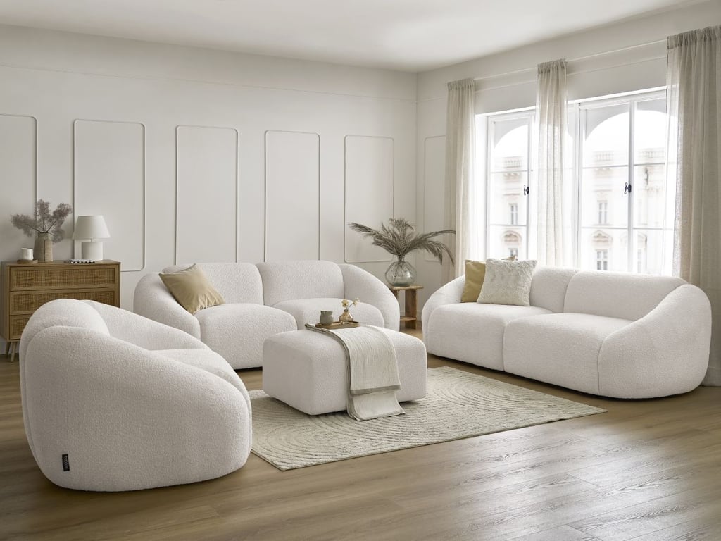 Ensemble canapé droit fixe 3 + 2 places + fauteuil TINA tissu bouclette avec pouf blanc   BOBOCHIC