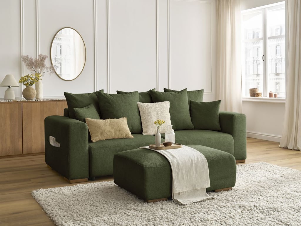Produit similaire: Canapé droit convertible SIDONIE tissu chiné avec pouf vert BOBOCHIC 4 places
