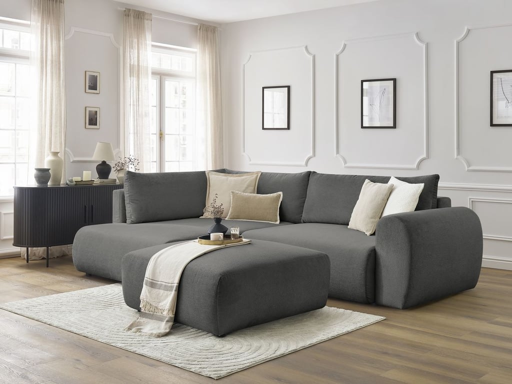 Produit similaire: Canapé d'angle L convertible coffre LUCIEN tissu lisse avec pouf gris foncé angle gauche BOBOCHIC 4 places