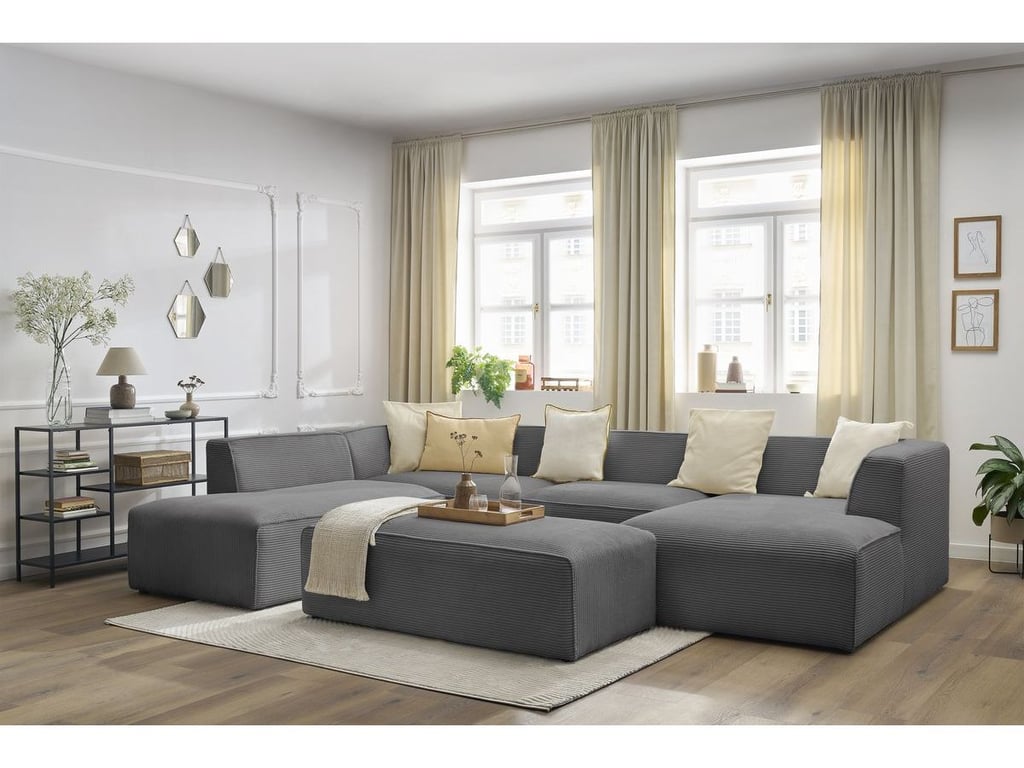 Produit similaire: Canapé panoramique fixe MEGEVE avec pouf tissu velours côtelé gris foncé angle droit BOBOCHIC 6 places