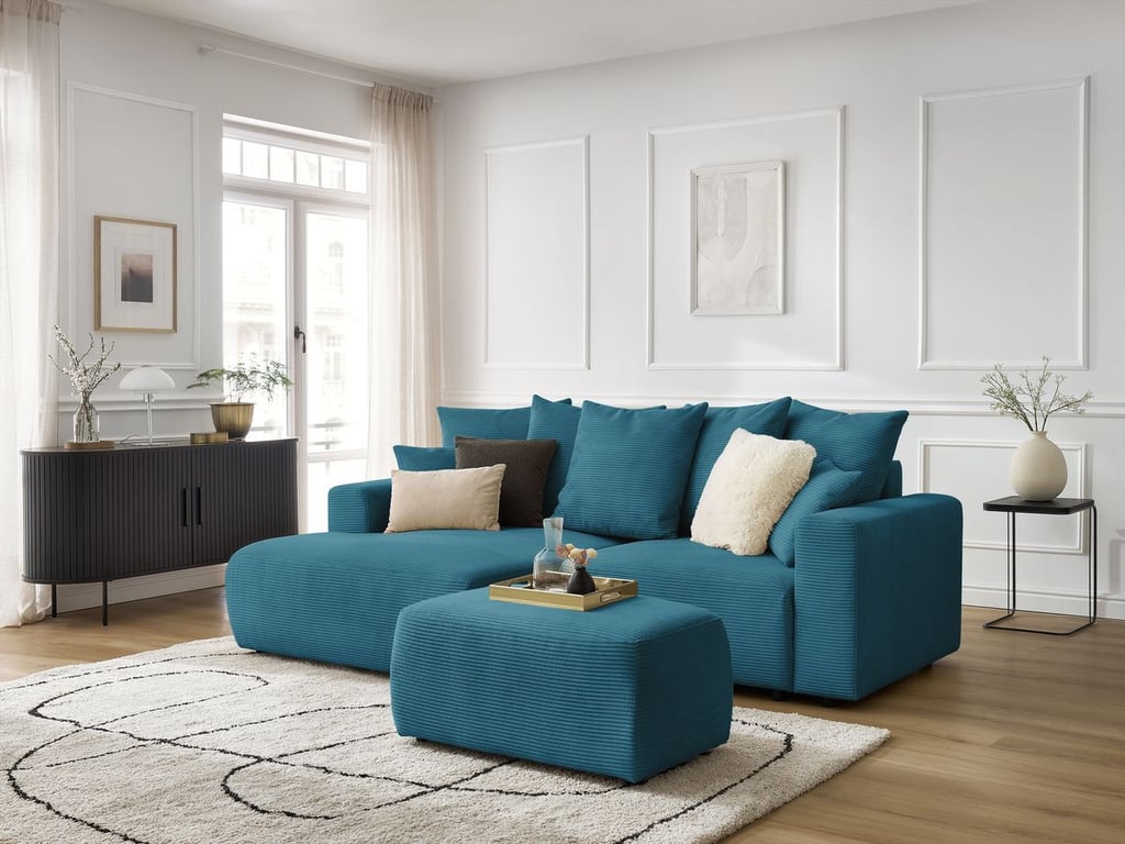 Produit similaire: Canapé d'angle convertible coffre ATILLA velours côtelé avec pouf bleu clair angle gauche BOBOCHIC 4 places