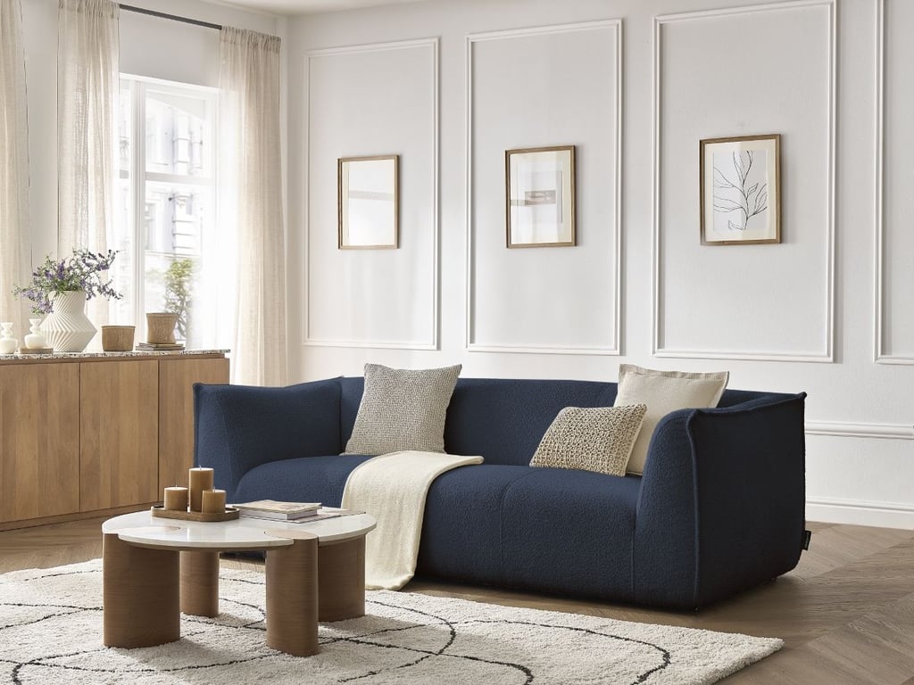 Produit similaire: Canapé droit fixe 3 places GIORGIA tissu bouclette bleu foncé BOBOCHIC