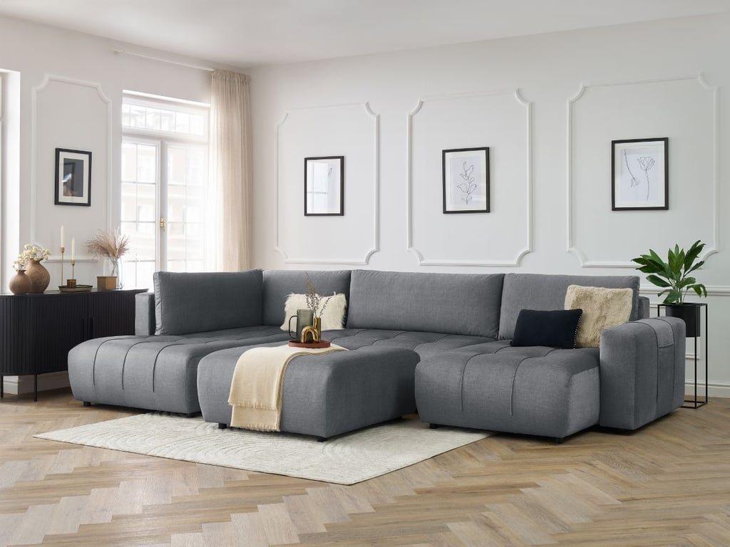 Produit similaire: Canapé panoramique convertible coffre ARSENE tissu velours avec pouf gris foncé angle droit BOBOCHIC 6 places
