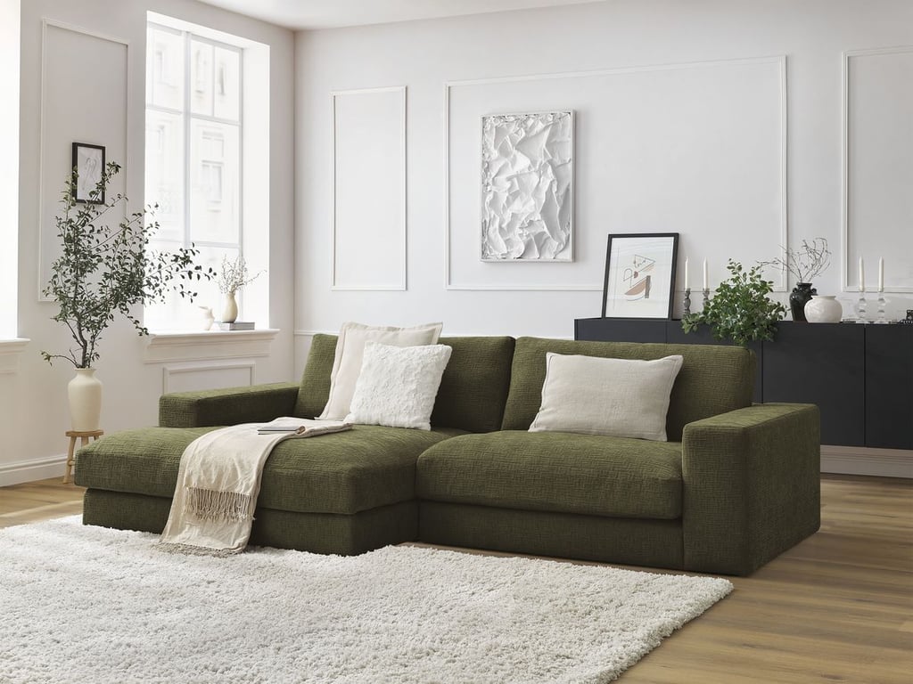 Produit similaire: Canapé d'angle fixe compact LEONARD tissu texturé vert angle gauche BOBOCHIC 4 places