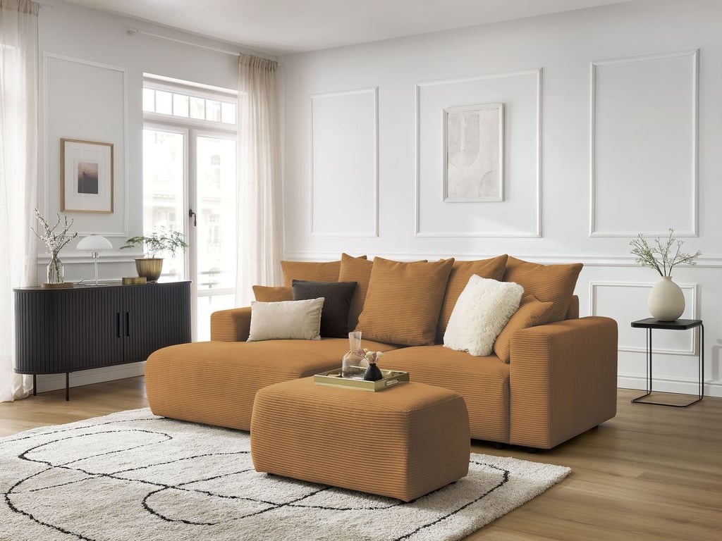 Produit similaire: Canapé d'angle convertible coffre ATILLA velours côtelé avec pouf jaune angle gauche BOBOCHIC 4 places