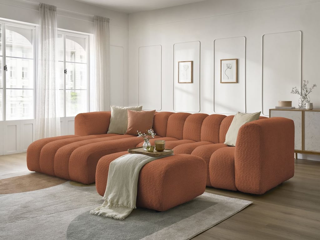Produit similaire: Canapé d'angle fixe TALIA tissu bouclette avec pouf orange angle gauche BOBOCHIC 4 places