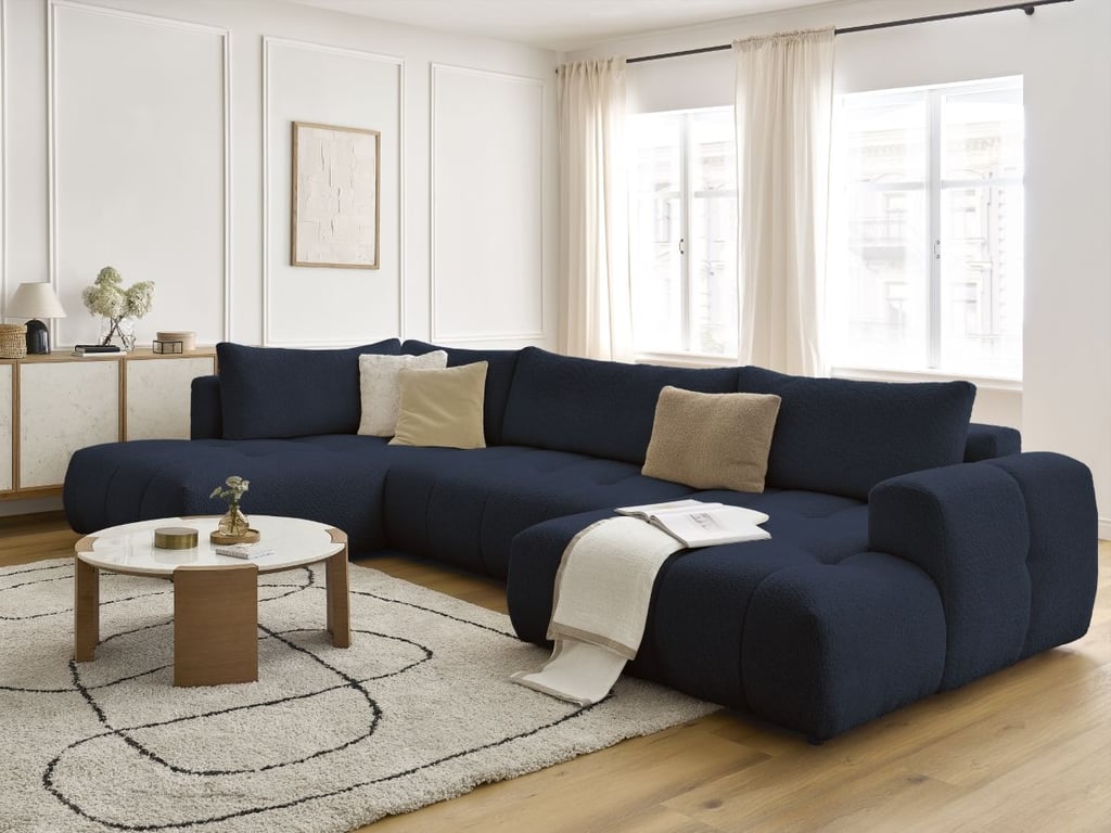 Produit similaire: Canapé d'angle panoramique convertible FUJI tissu bouclette bleu foncé angle droit BOBOCHIC 5 places