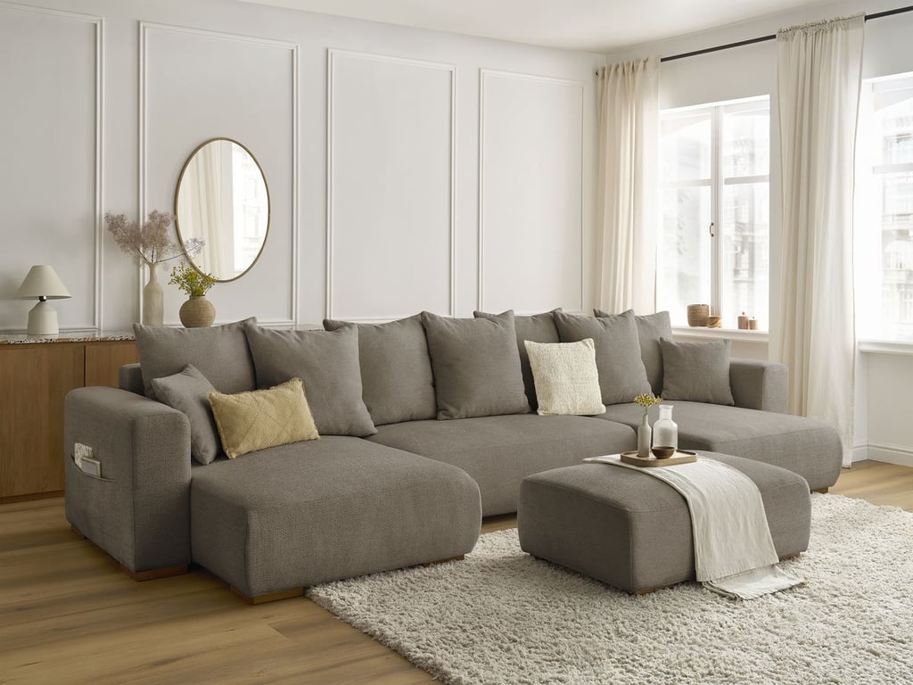 Produit similaire: Canapé panoramique convertible coffre SIDONIE tissu chiné avec pouf taupe BOBOCHIC 5 places