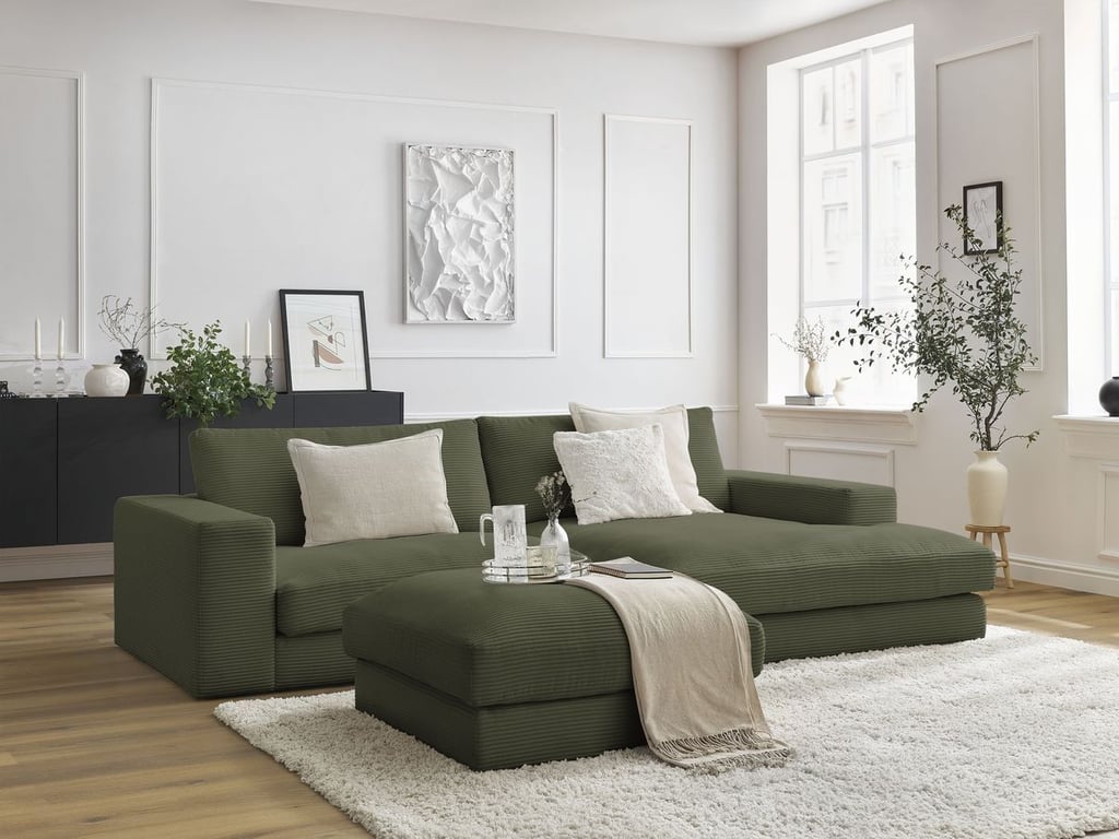 Produit similaire: Canapé d'angle fixe compact LEONARD velours côtelé avec pouf vert clair angle droit BOBOCHIC 3 places
