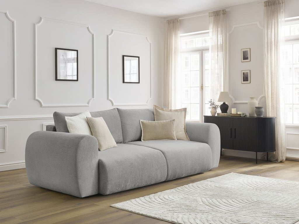 Produit similaire: Canapé droit convertible coffre LUCIEN tissu lisse gris clair BOBOCHIC 3 places