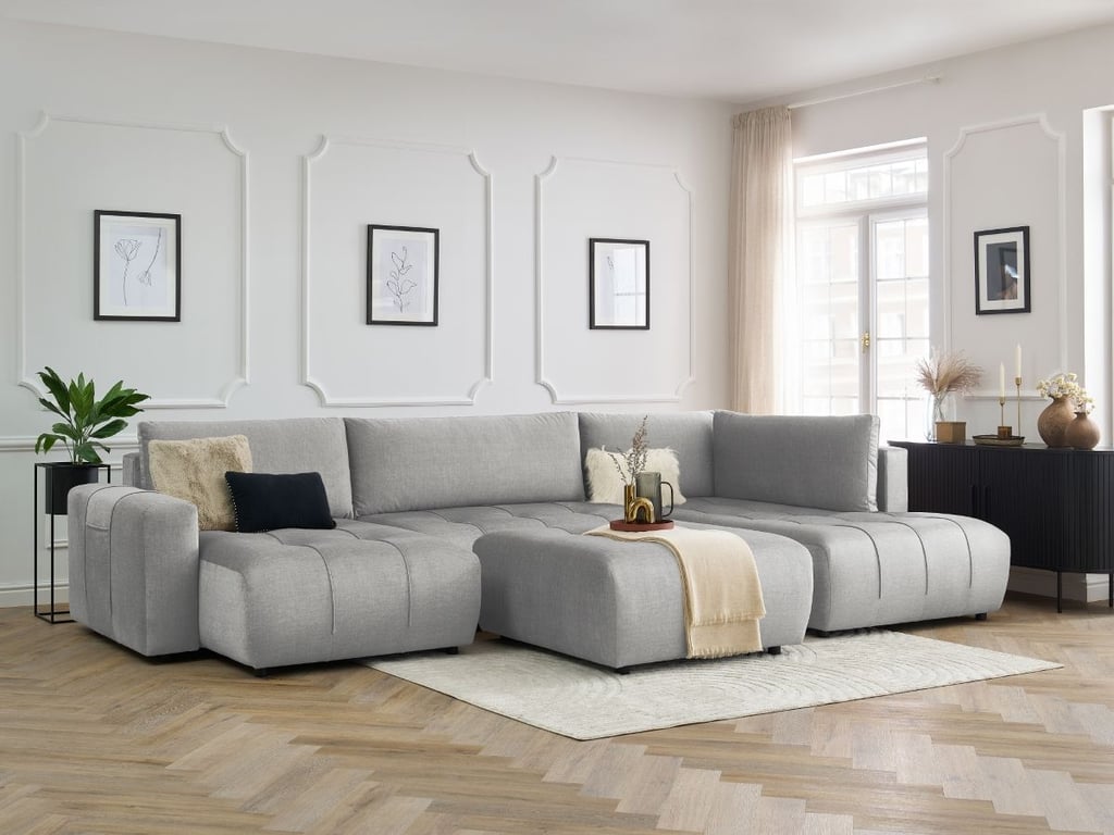 Produit similaire: Canapé panoramique convertible coffre ARSENE tissu velours avec pouf gris clair angle gauche BOBOCHIC 6 places