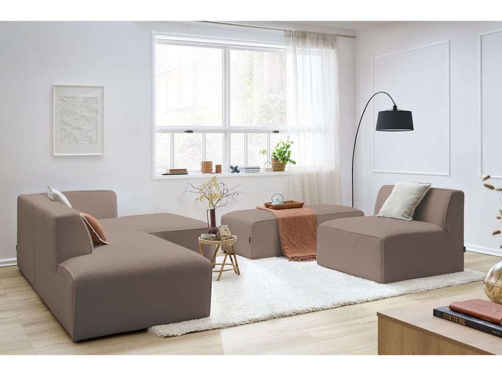 Produit similaire: Canapé d'angle fixe modulable MEGEVE tissu bouclette avec 1 chauffeuse et 1 pouf marron angle droit BOBOCHIC 6 places
