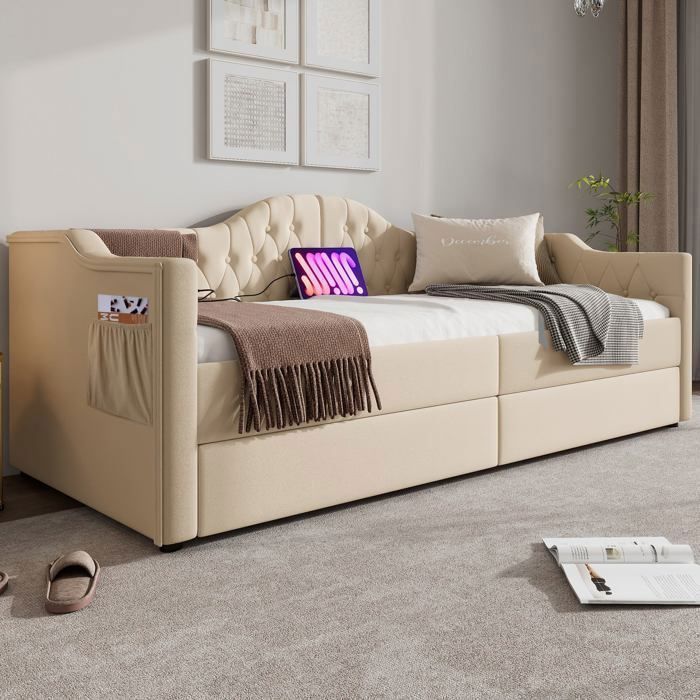 Produit similaire: Lit banquette pas cher 2 tiroirs 90x200 cm, canape lit 1 place avec chargeur USB Type C,velours, beige (sans matelas)