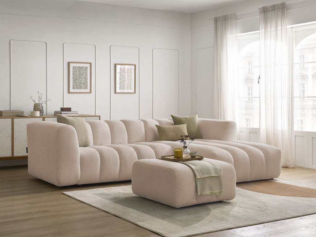 Produit similaire: Canapé d'angle fixe TALIA tissu chiné avec pouf beige angle droit BOBOCHIC 4 places