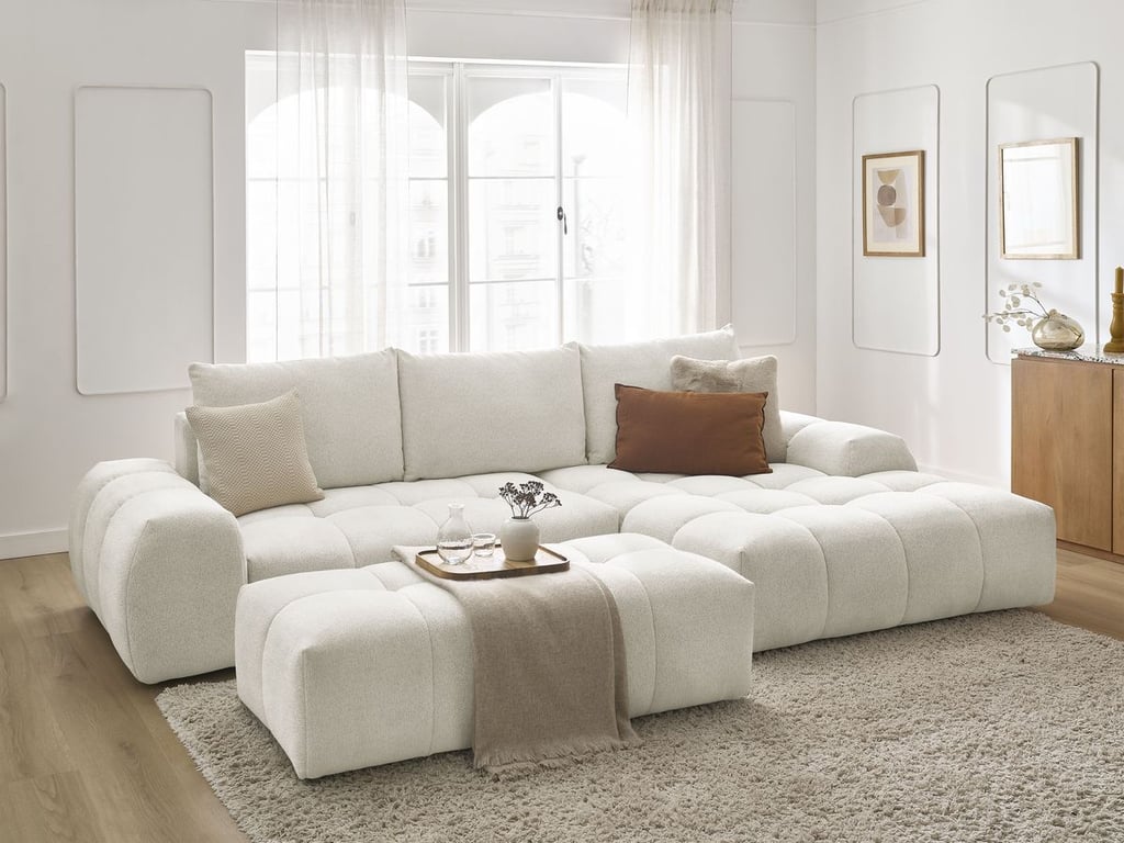 Produit similaire: Canapé d'angle convertible coffre EVEREST tissu chiné avec pouf blanc angle droit BOBOCHIC 4 places