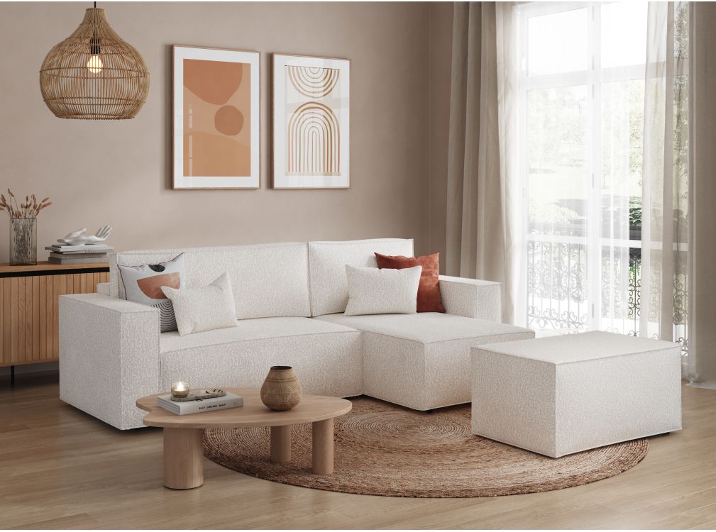 Produit similaire: PACK - CLARISSE - Canapé d'angle convertible réversible avec pouf en tissu bouclette