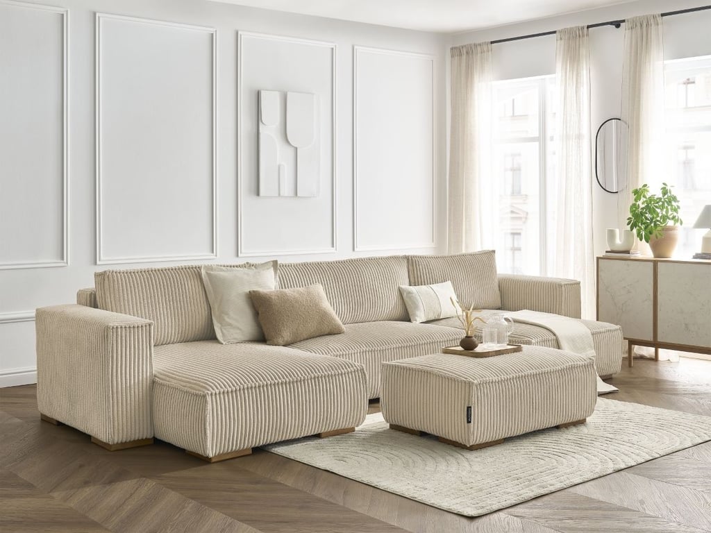 Produit similaire: Canapé panoramique convertible coffre CHELSEA gros côtelé doux avec pouf taupe BOBOCHIC 5 places